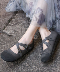 Boutique Cross Strap Splicing Flat Shoes Grey Cowhide Leather