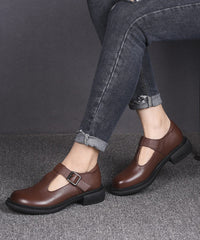Black Cowhide Leather Women Simple Splicing Buckle Strap Flats