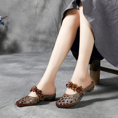 Women Vintage Floral Hollow Leather Slippers