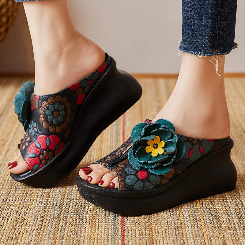 Women Leather Vintage Wedge Slippers