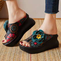 Women Leather Vintage Wedge Slippers