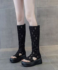 Boutique Splicing Platform Boots Peep Toe White Denim Fabric