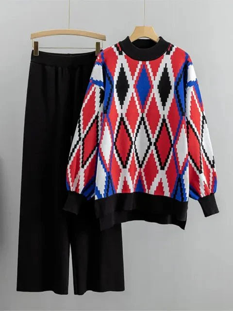 Argyle Loose Knit Sweater + Pants Set