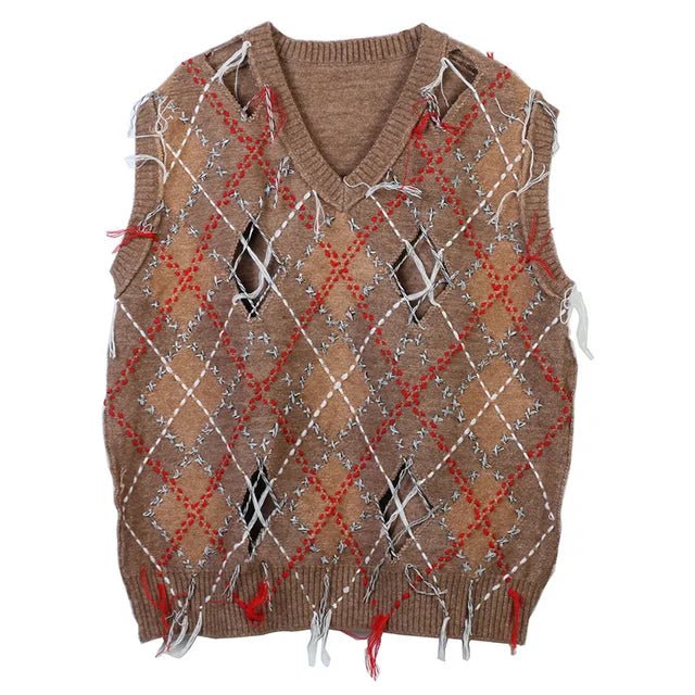 Argyle Loose Topstitch Sleeveless Cardigan