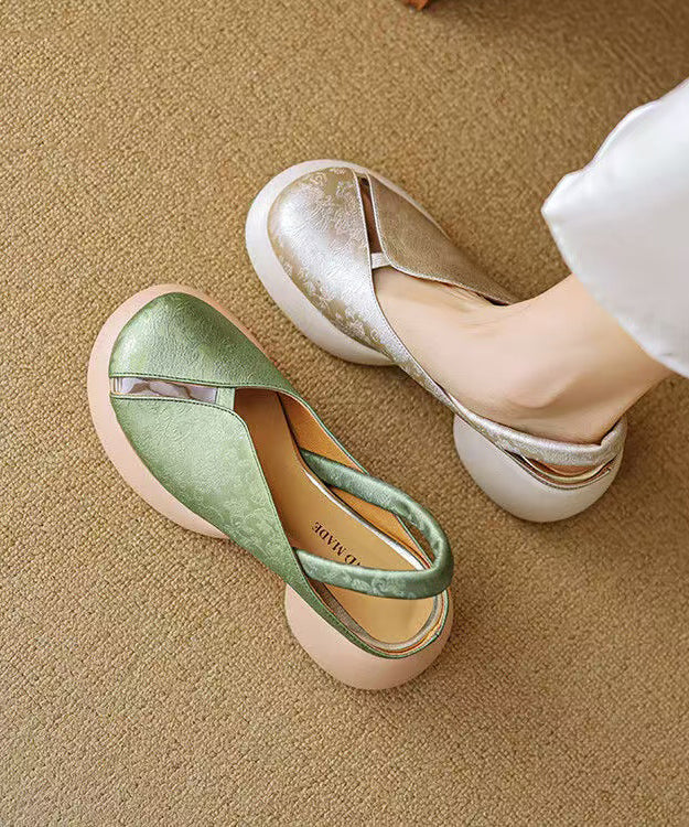 Comfy Splicing Chunky Sandals Green Cowhide Leather Hollow Out