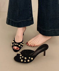 Black Suede Unique Rivet Splicing High Heel Slide Sandals