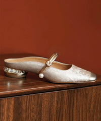 Chinese Style Champagne Cowhide Leather Embossed Slide Sandals