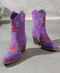 Elegant Purple Pointed Embossed Boots Suede Chunky Ankle Boots
