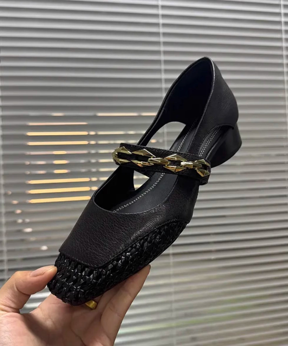 French Black Hollow Out Breathable Woven Square Toe Chunky Sandals