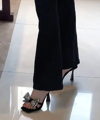 Fashion Splicing High Heel Slide Sandals Black Bow Zircon
