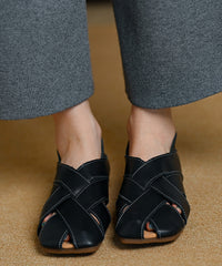 Black Cowhide Leather Hollow Out Splicing Water Sandals
