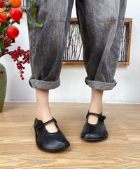 Splicing Flat Shoes For Women Black Cowhide Leather