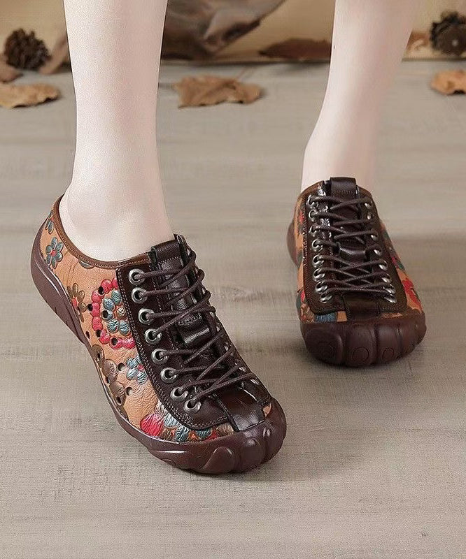 Brown Embossed Cross Strap Splicing Cowhide Leather Flat Shoes