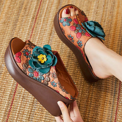 Women Leather Vintage Wedge Slippers