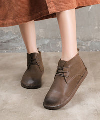 Coffee Boots Cowhide Leather Warm Fleece Fine Lace Up Flat Boots