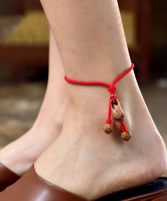 Handmade Red Peach Wood Weaving Tiger Head Shoes Anklets
