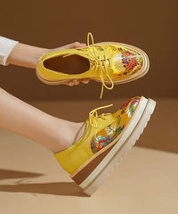 Chinese Style Yellow Embossed Wedge Shoes Lace Up