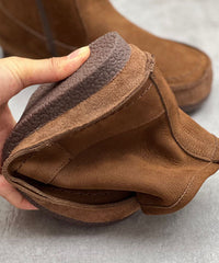 Coffee Cowhide Leather Boots Zippered Vintage Ankle Boots