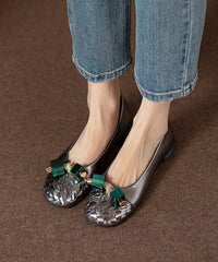 Comfortable Gun Color Beaded Bow Flat Shoes