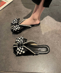 Boho Slide Sandals Black Splicing Plaid Bow Nail Bead