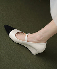 Classy Black Cowhide Leather Wedge Heels Shoes Splicing Buckle Strap