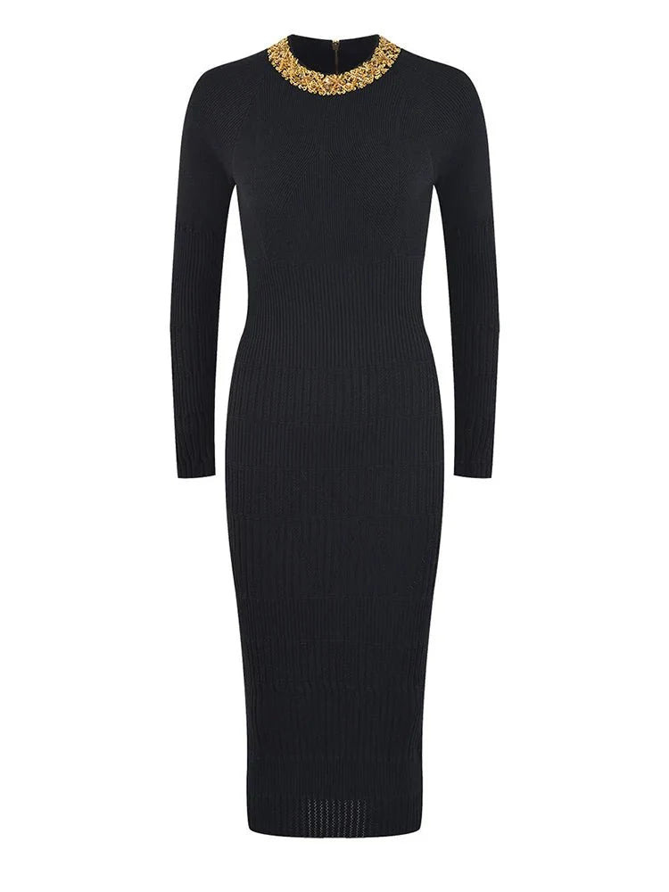 Pre Order:  Beaded Neck Knitted Midi Dress