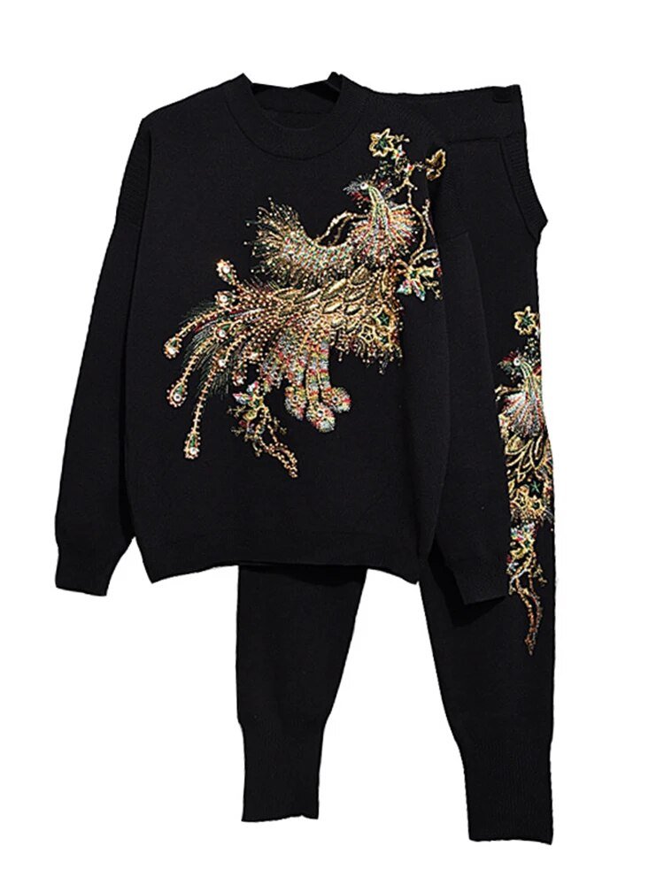 Pre Order:  Beaded Sequined Peacock Sweater + Pants Set