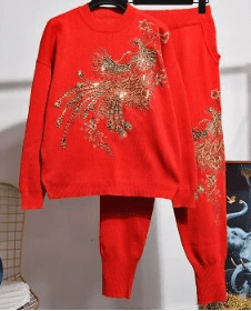 Pre Order:  Beaded Sequined Peacock Sweater + Pants Set