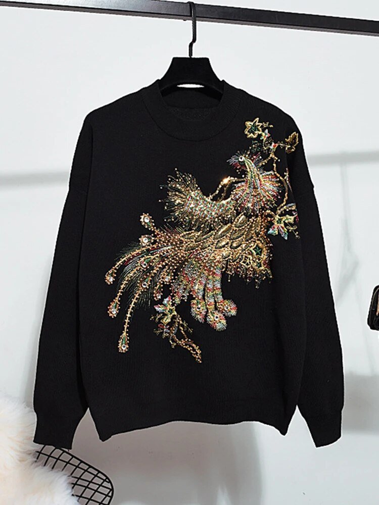 Pre Order:  Beaded Sequined Peacock Sweater + Pants Set