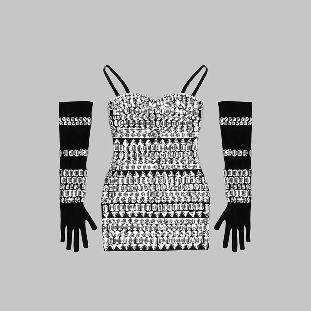 Pre Order:  Bejeweled Gloves Sleeveless Mini Dress
