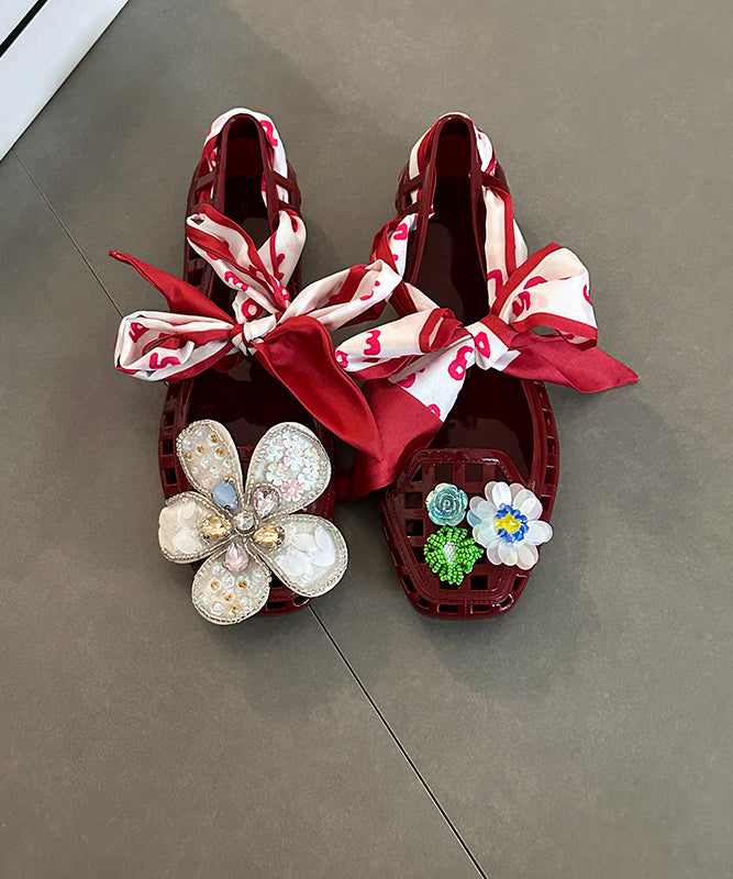 Fashion Red Hollow Out Flower Square Toe Flats Shoes