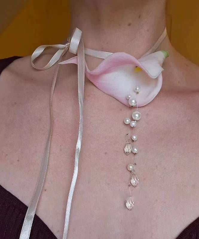 Cute Green Pearl Horseshoe Lotus Tassel Princess Necklace