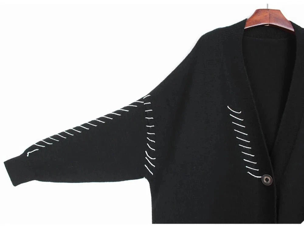 Pre Order:  Black Topstitched Loose Long Knit Cardigan