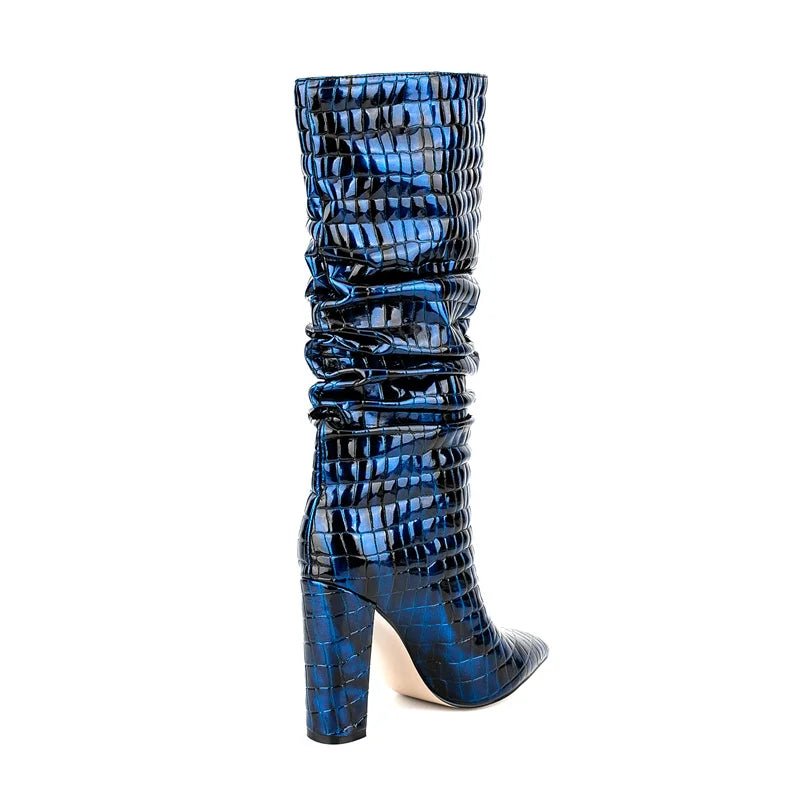 Pre Order:  Blue Snake Pleated Knee-High Boots