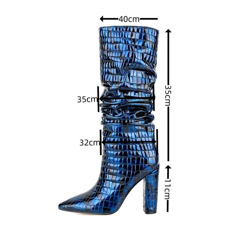 Pre Order:  Blue Snake Pleated Knee-High Boots