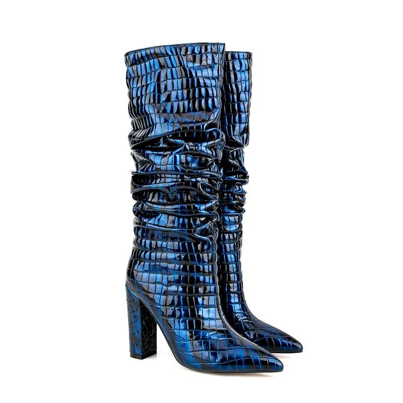 Pre Order:  Blue Snake Pleated Knee-High Boots