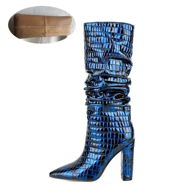 Pre Order:  Blue Snake Pleated Knee-High Boots