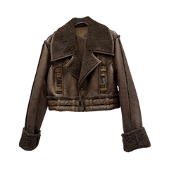 Buckles Faux Fur Turn-Down Collar Jacket