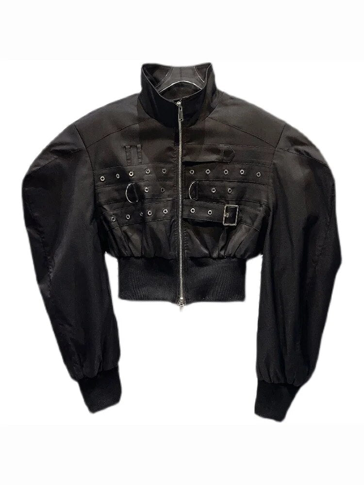 Buckles Rivets Stand Collar Jacket