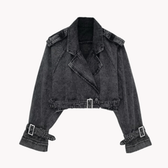 Buckles Straps Cropped Denim Jacket