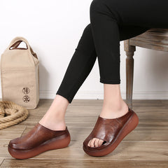 Retro Women Leather Wedge Slippers