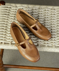 Boutique Pink Cowhide Leather Splicing Flat Shoes Buckle Strap