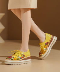 Chinese Style Yellow Embossed Wedge Shoes Lace Up