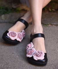 Black Cowhide Leather Vintage Splicing Floral Best Sandals