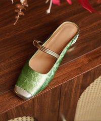 Chinese Style Champagne Cowhide Leather Embossed Slide Sandals