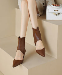 Brown High Heels Faux Leather Fashion Splicing Boots Hollow Out