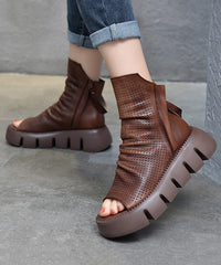 Black Boots Platform Cowhide Leather Peep Toe New