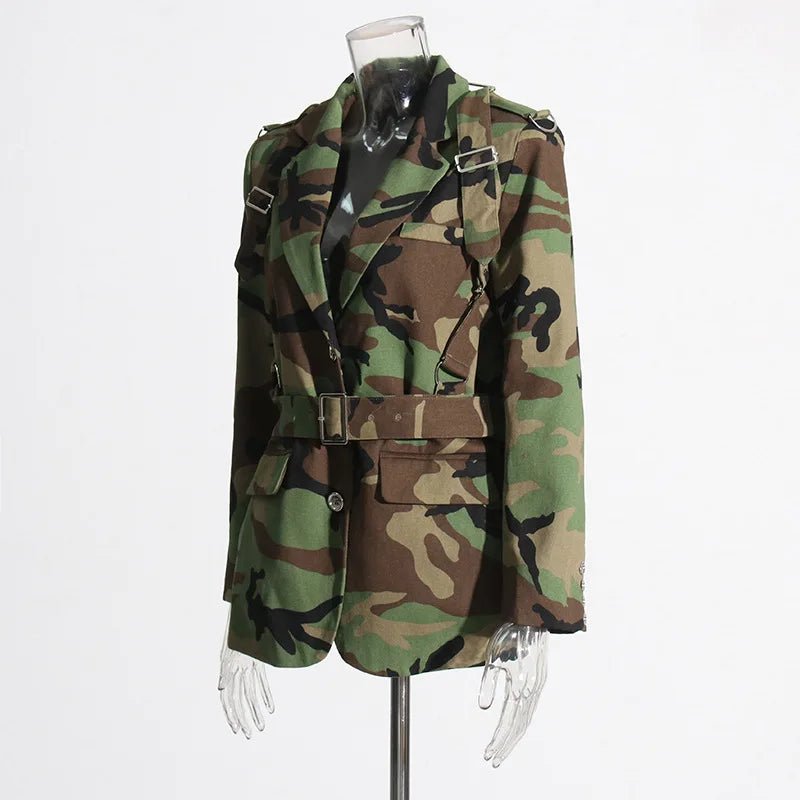 Camouflage Single-Breasted Belted Blazer