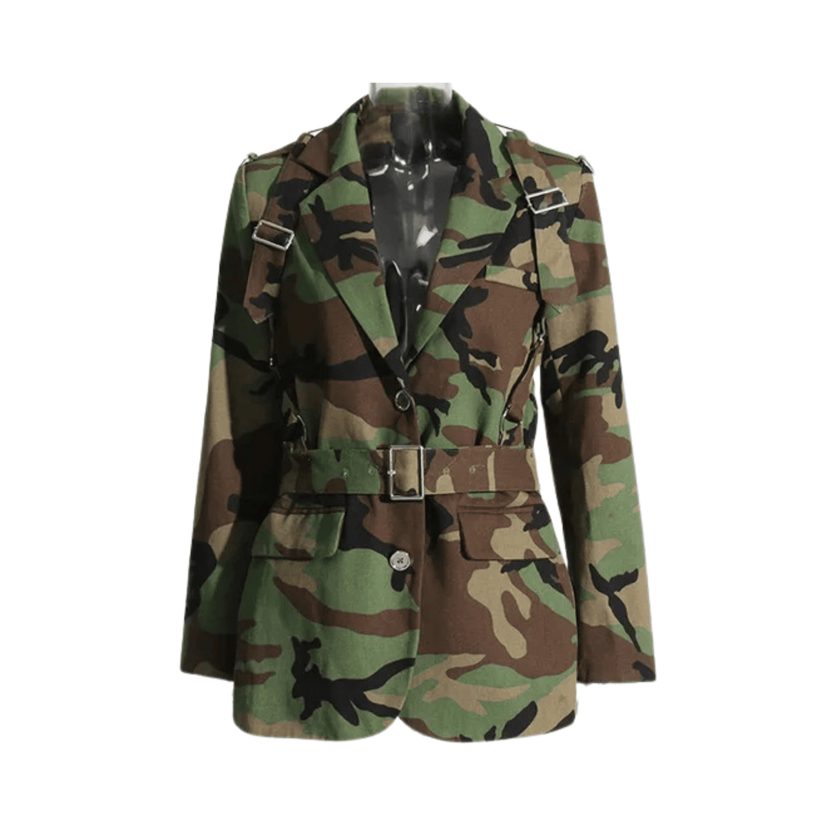 Camouflage Single-Breasted Belted Blazer