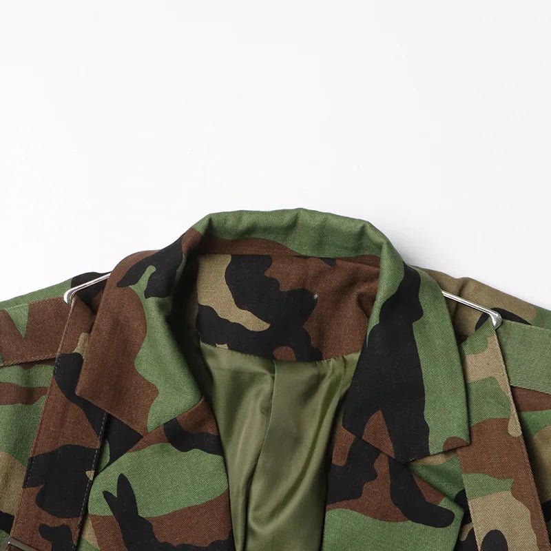 Camouflage Single-Breasted Belted Blazer